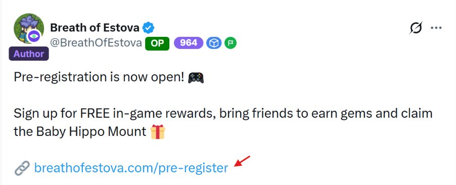 A Discord post by user 'Breath of Estova' (@BreathOfEstova), labeled as Author and OP, announcing that pre-registration is now open with a link to breathofestova.com/pre-register for in-game rewards including a Baby Hippo Mount.