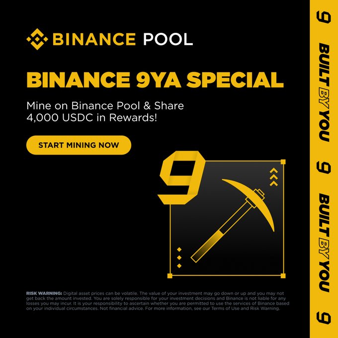 A Binance Pool promotional banner for their "9YA Special" anniversary event, featuring a pickaxe graphic and the number 9 in yellow and black, advertising 4,000 USDC in mining rewards with a "Start Mining Now" call-to-action, alongside "Built By You" branding celebrating their 9th anniversary.