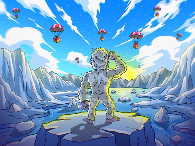 A Yeti stands on an iceberg in a snowy landscape, watching parachutes descend with boxes bearing a 'Y' logo, illustrating the 'YeDDz Claim Is Live On @SentX_io'.