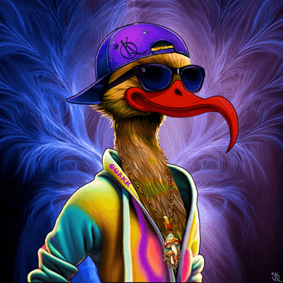 A vibrant digital illustration of an anthropomorphic duck-like character wearing a purple cap, black sunglasses, a gold chain, and a colorful yellow and teal hoodie against a purple feathery background.