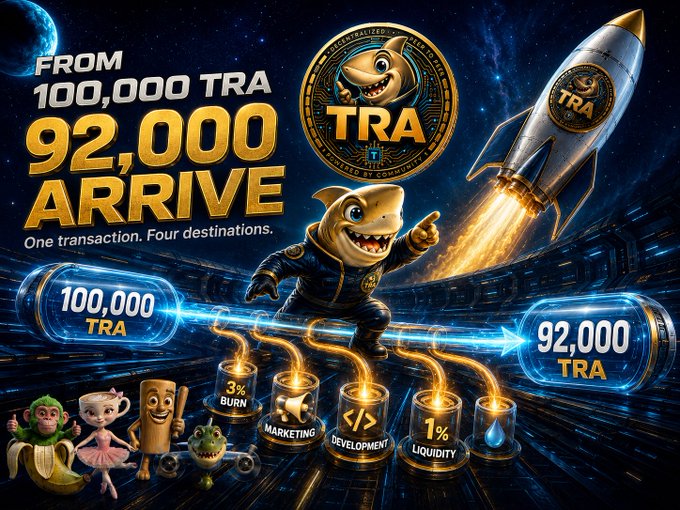 A promotional graphic for TRA token showing 'FROM 100,000 TRA' transforming into '92,000 ARRIVE' with a shark mascot, rocket, and various NFT characters, highlighting fees for BURN (3%), MARKETING, DEVELOPMENT, and LIQUIDITY (1%).