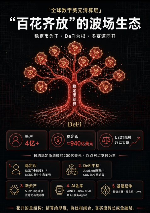 A dark promotional infographic in Chinese about the 'TRON' ecosystem, featuring a glowing red tree diagram illustrating DeFi and stablecoin statistics.