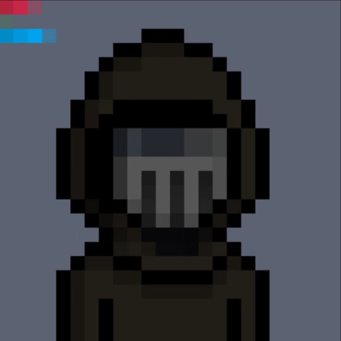 A pixel art style illustration of a dark hooded figure with a face mask or grill covering the lower face against a gray background.
