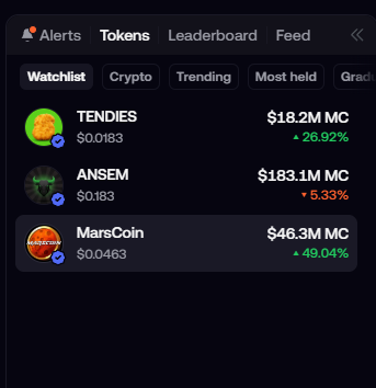 A crypto tracking app shows tokens including TENDIES ($18.2M, +26.92%), ANSEM ($183.1M, +5.33%), and MarsCoin ($46.3M, +49.04%) under the Trending tab.