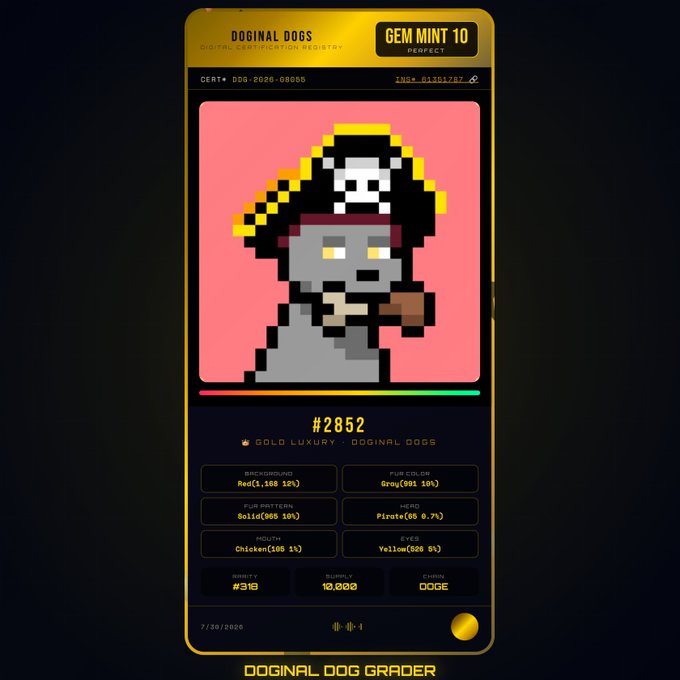 A digital certificate card for a Doginal Dogs NFT (#2852), rated 'GEM MINT 10 PERFECT', showing a pixel-art dog dressed as a pirate on a pink background with trait attributes like 'Red', 'Gray', and 'Solid'.