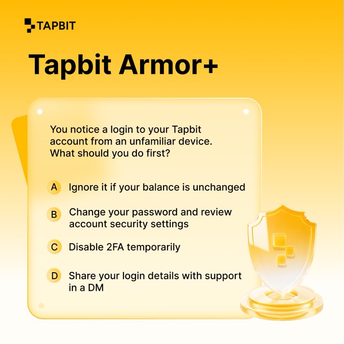 A 'Tapbit Armor+' security quiz with a yellow background showing a multiple choice question about what to do when noticing a login from an unfamiliar device, with options A through D.