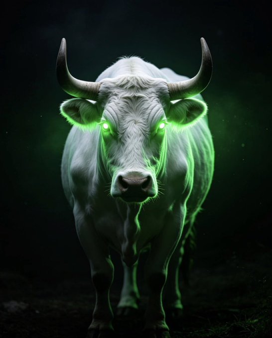 A fierce white bull with glowing green eyes and horns stands ominously in dark mist, embodying the bullish, "green candle" energy referenced in the post about sending $ANSEM and requesting a SOL wallet for following.