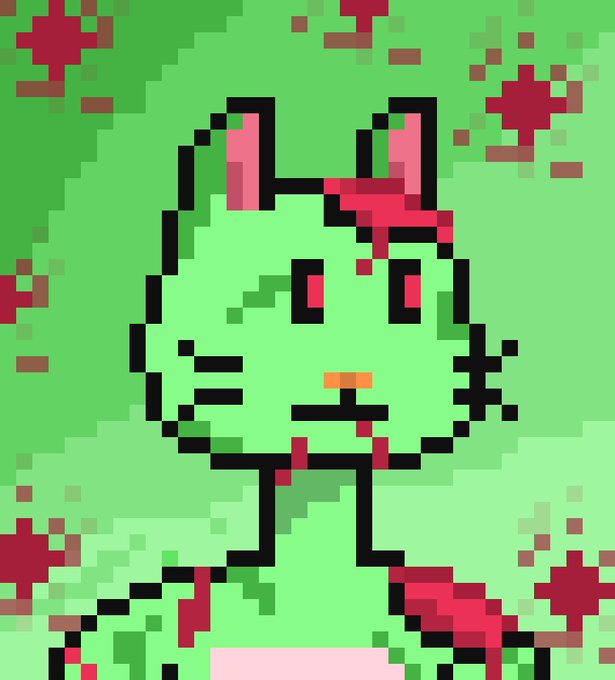 A pixel art illustration of a green cartoon cat with blood splatters and a bloodied face against a grassy background, symbolizing the chaotic "Catto" meme promotion for a RobinHood cryptocurrency giveaway offering 10 guaranteed spots.