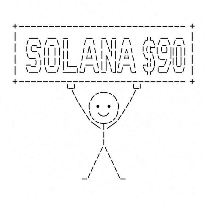A black-and-white coloring page illustration of a stick figure holding up a dashed banner that reads 'SOLANA $90'.