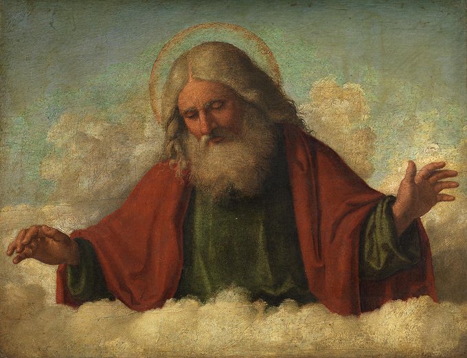 A classical painting depicting an elderly bearded figure with a halo, wearing a red robe over a green garment, with arms outstretched amid clouds, resembling traditional depictions of God the Father.
