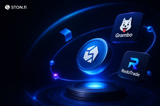 A sleek, futuristic 3D render showcases the STON.fi logo at the center on a glowing blue platform, with orbiting icons for "Grambo" (featuring a husky mascot) and "RedoTrade" (with a stylized "R" symbol), visually representing the integration of both platforms onto STON.fi's DeFi infrastructure.