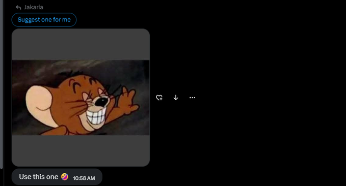A messaging interface shows the user 'Jakaria' selecting a GIF of the cartoon mouse Jaq from Cinderella winking and making a gesture.