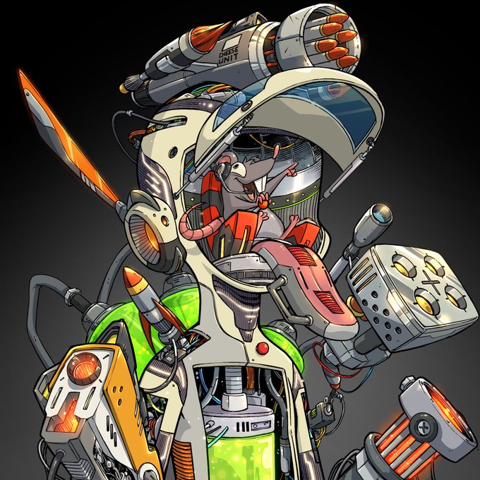 A detailed digital illustration of a cyborg/mecha character equipped with various weapons including a missile launcher labeled 'CHEESE UNIT!', featuring a rat inside the open head cavity.