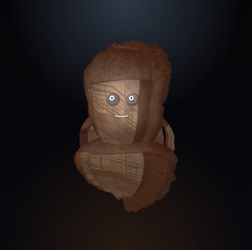 A low-polygon 3D model of a log character with a carved face featuring large eyes and a smile, sitting on a dark background.