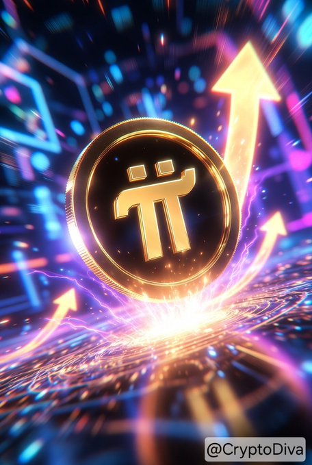 A glowing gold Pi Network (π) coin hovers above a vibrant digital circuit with an upward arrow, watermarked @CryptoDiva.
