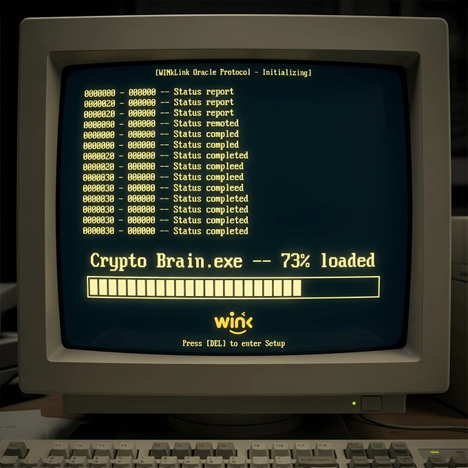 A retro computer monitor displays a loading screen reading '[WINkLink Oracle Protocol - Initializing]' with status reports, a 'Crypto Brain.exe -- 73% loaded' progress bar, and the 'win' logo.