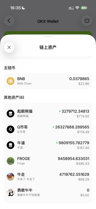 A smartphone screenshot of the OKX Wallet app showing on-chain assets including BNB ($22.96), 眨眼熊猫 ($774.85), Q币哥 ($118.49), 牛逼 ($167.46), FROGE ($485.43), 牛走 ($68.28), and 勇敢牛牛 ($0.00).