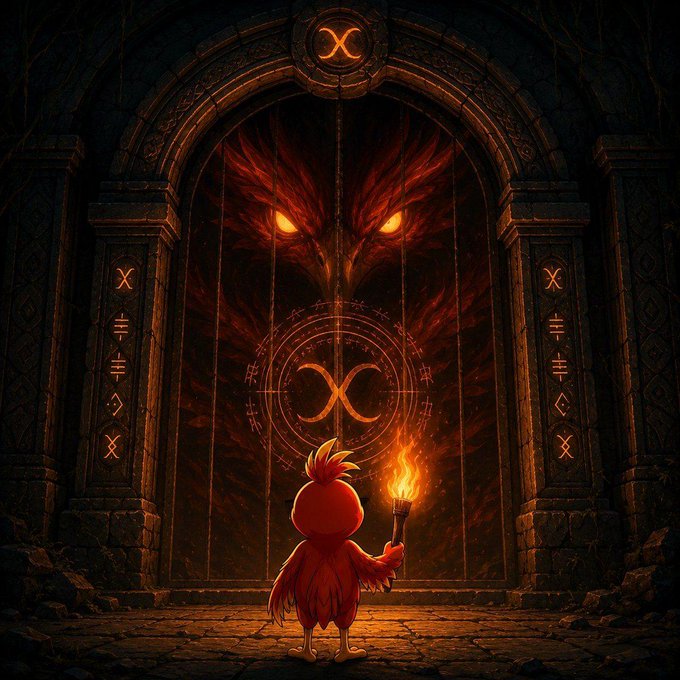 A small red bird-like creature holding a torch stands before a massive stone archway, where an ominous glowing-eyed face and infinity symbols emerge from the fiery depths beyond sealed doors. The scene visually reinforces the post's message about a guarded gateway that only opens to those who "embrace the fire," with the lone brave flame-bearer facing the beast guarding the threshold tied to the $PHNIX token.
