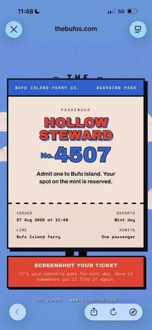 A mobile screenshot of a digital 'Bufo Island Ferry Co. Boarding Pass' for passenger 'HOLLOW STEWARD' No. 4507, issued 27 Aug 2026 at 11:48 for 'Mint day' admission to Bufo Island, with instructions to 'SCREENS HOT YOUR TICKET'.