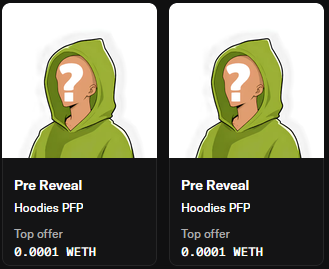 Two NFT listings for 'Pre Reveal Hoodies PFP' both showing top offers of 0.0001 WETH.