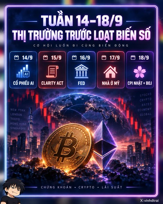 A vibrant financial market infographic in Vietnamese titled 'TUẦN 14-18/9 THỊ TRƯỜNG TRƯỚC LOẠT BIẾN SỐ' (Week 14-18/9 Market Before Series of Variables), highlighting daily events: 14/9 Cổ phiếu AI (AI stocks), 15/9 CLARITY ACT, 16/9 FED, 17/9 Nhà ở Mỹ (US Housing), 18/9 CPI Nhật + BOJ, with Bitcoin and Ethereum imagery.
