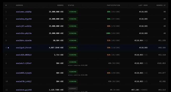 Dashboard table showing Ethereum staking addresses (asel:...) with rewards, status (all SIGNING), participation percentages ranging from 43% to 100%, and last seen timestamps.