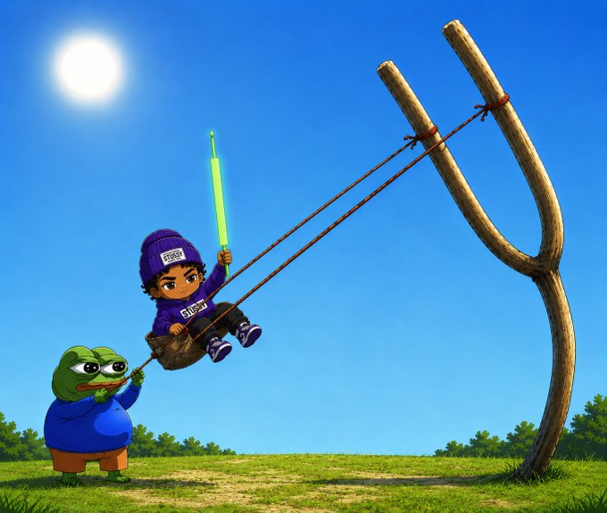 A 3D cartoon illustration shows a child wearing a purple beanie and holding a green lightsaber while sitting on a large slingshot, being launched by a green Pepe the Frog character.