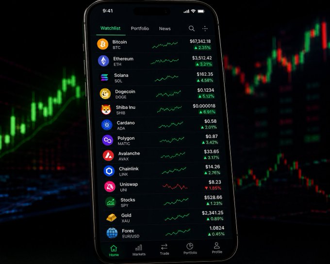 A smartphone displays a cryptocurrency and trading app showing a watchlist with prices and 24-hour changes for Bitcoin ($67,342.18, +2.35%), Ethereum ($3,512.42, +3.21%), Solana ($162.35, +4.58%), Dogecoin, Shiba Inu, Cardano, Polygon, Avalanche, Chainlink, Uniswap, Stocks (SPY), Gold (XAU), and Forex (EUR/USD), directly illustrating the user's poll options of $BTC, $ETH, $SOL, memecoins, stocks, forex, and gold.