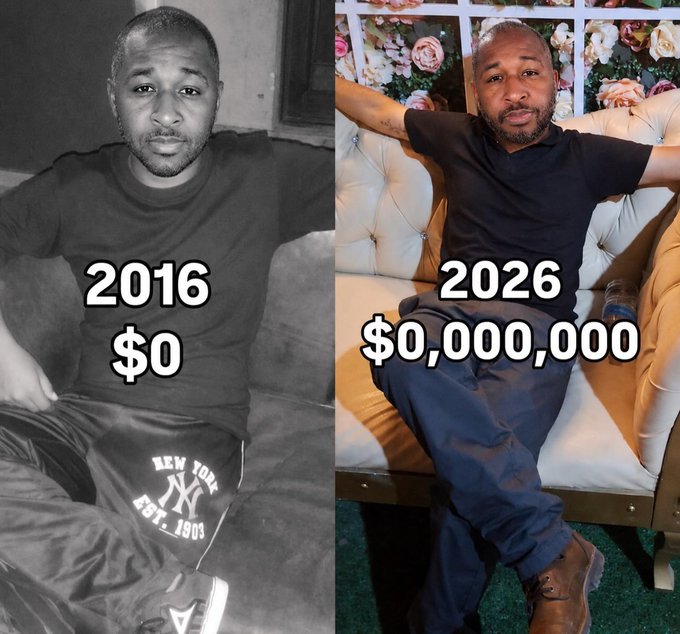 A side-by-side comparison showing the same man in 2016 with "$0" and in 2026 with "$0,000,000," humorously highlighting that despite a decade in crypto, his net worth remains zero. The post reflects on a 10-year crypto journey, sarcastically emphasizing the lack of financial progress while encouraging others not to give up.