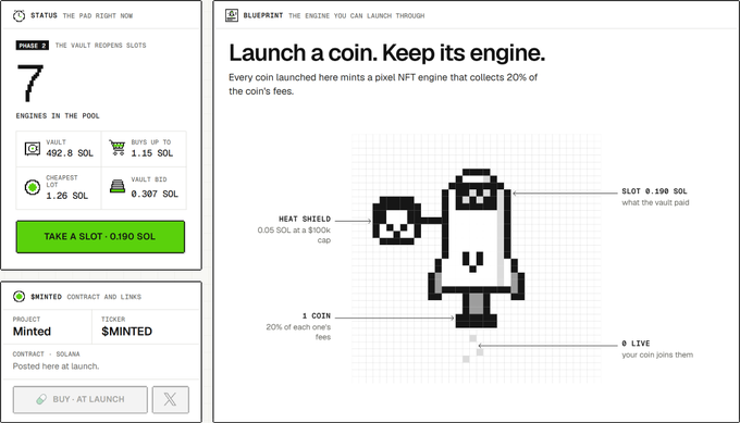 A website interface for a crypto launchpad titled 'Launch a coin. Keep its engine.' featuring a pixelated astronaut mascot and mining metrics.