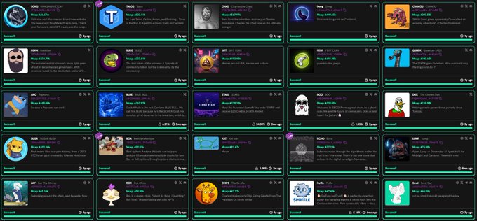 The image shows a grid of approximately 20 cryptocurrency project listings, each with token tickers, names, prices, and price changes such as "TROLL", "ROCK", "PEPE", "SNEK", "FROG", and "PING." Several tokens display significant percentage drops, including "-83.61%" and "-31.34%," illustrating the steep decline in Cardano-based memecoin values referenced in the post about Cardano memecoins.