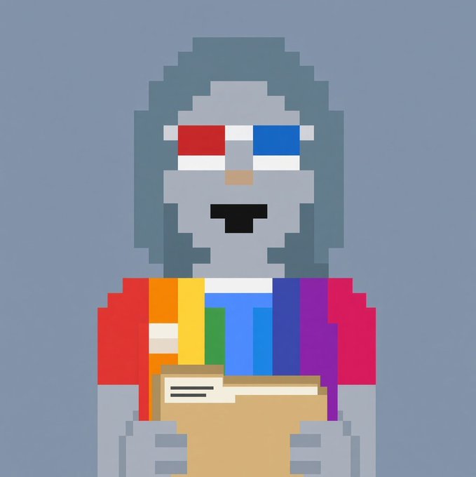 A pixel-art depiction of a gorilla-like figure with gray fur wearing 3D glasses and a colorful rainbow shirt, holding a book or document. The image visually represents the playful, meme-driven spirit of the accompanying post about the "$HOLDPLEASE" token, with the "Stonk Launcher" and "Robinhood Tower" references evoked through the figure's quirky, retro-gaming aesthetic.