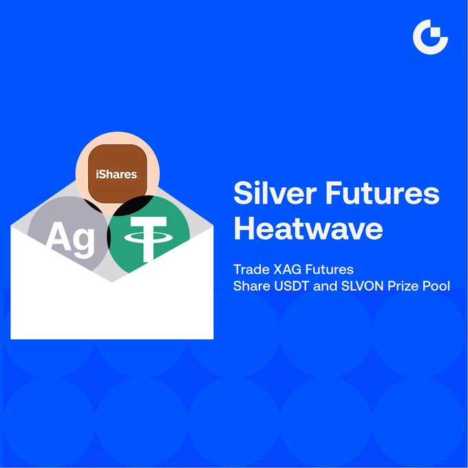 The image promotes a "Silver Futures Heatwave" trading campaign, featuring an envelope graphic containing silver-related tokens (Ag, iShares SLV, and Tether's USDT), inviting users to trade XAG Futures on a blue background to win USDT and SLVON rewards from a prize pool.