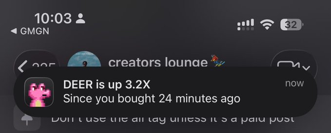 This image shows a notification that "DEER is up 3.2X Since you bought 24 minutes ago", aligning with the post's message "daily 3x keeps poverty away".