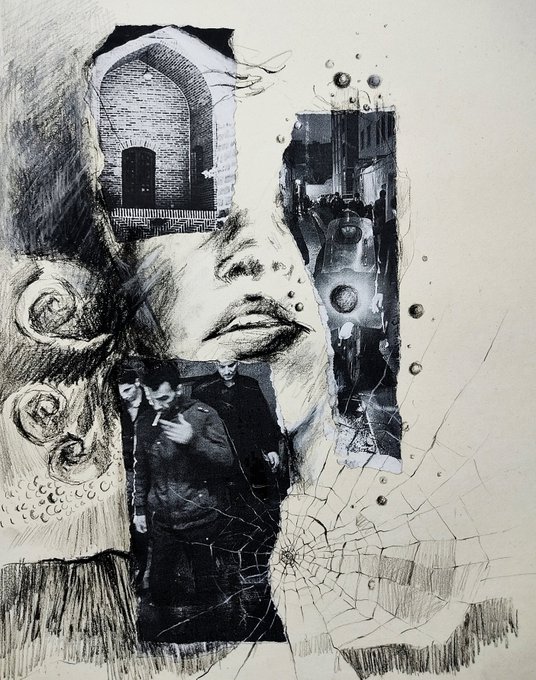 A surreal mixed-media collage portrait featuring a large sketched face merged with photographic cutouts of an archway and street scenes, surrounded by bubbles and spiderweb cracks.