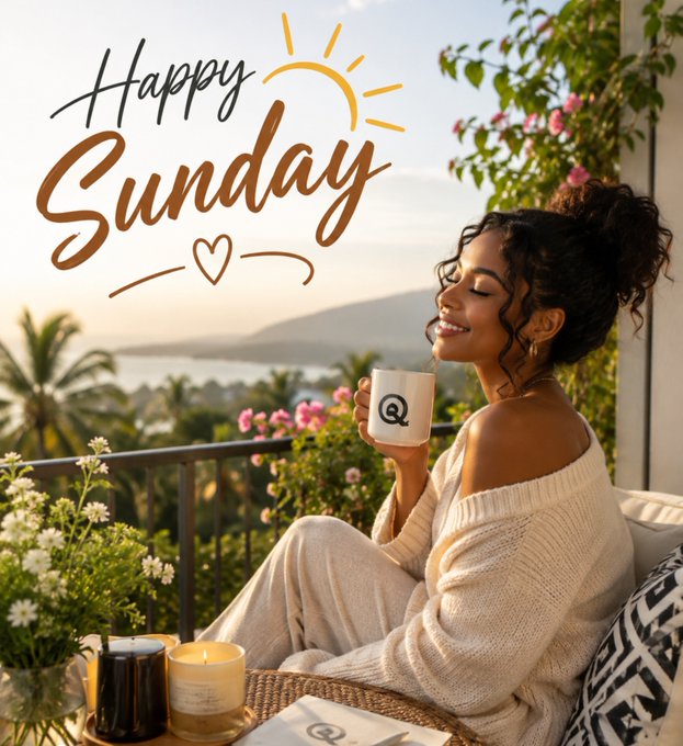 A greeting image with the text 'Happy Sunday' showing a woman with curly hair smiling while holding a mug on a balcony overlooking a coastal landscape.