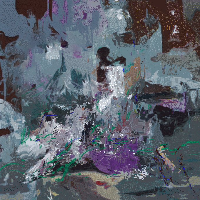 Abstract digital art painting with chaotic brushstrokes in blue, white, purple, and green tones, depicting a central figure in an impressionistic style.