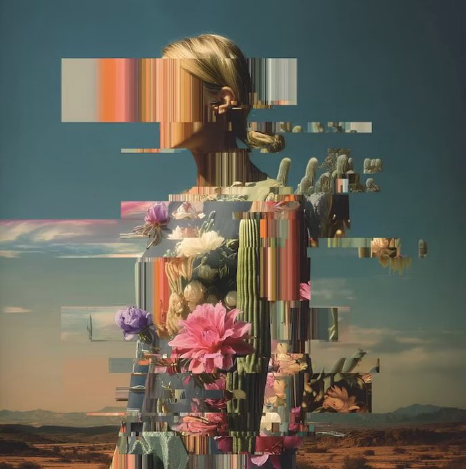 A surreal composite portrait of a blonde woman in a desert landscape, fragmented with glitch-like horizontal bands revealing cacti, pink flowers, and striped color patterns throughout her figure.