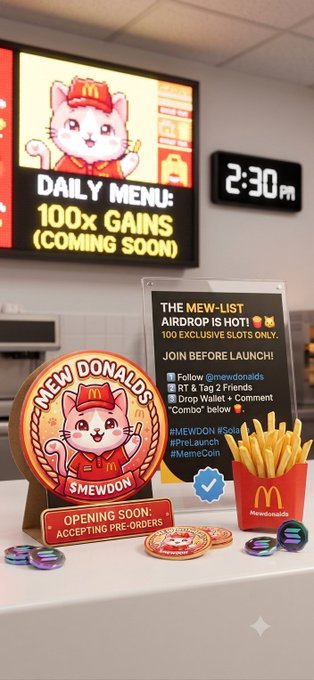 A promotional display for 'MewDonalds' features a cat mascot in a McDonald's-style uniform with a 'DAILY MENU: 100x GAINS (COMING SOON)' sign and details about a $MEWD airdrop with social media engagement instructions.