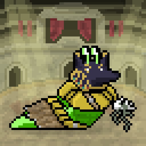 A pixel art image of a yellow, bipedal creature with green and blue accents holding a staff, standing in front of a stone structure.