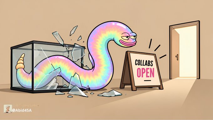 A cartoon illustration of a rainbow-colored worm breaking out of a shattered glass terrarium next to a sandwich sign that reads "COLLABS OPEN." The image is credited to "@Abid45A."