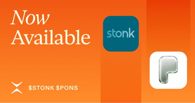 A promotional graphic with an orange background announcing "Now Available" features the "stonk" app icon alongside a metallic "P" logo, with the text "$STONK $PONS" at the bottom. The image visually supports the announcement of the $STONK and $PONS tokens being available for leveraged trading on the Phoenix platform.