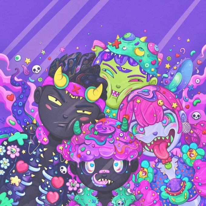 A vibrant, colorful illustration featuring a group of cartoonish monster characters, including a black horned creature and a green figure, surrounded by cupcakes, hearts, stars, and playful patterns.