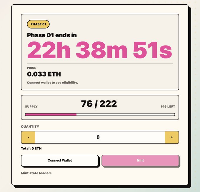 NFT minting interface displaying 'PHASE 01' with a countdown timer of '22h 38m 51s,' a price of '0.033 ETH,' supply at '76 / 222,' and a 'Connect Wallet' / 'Mint' button.