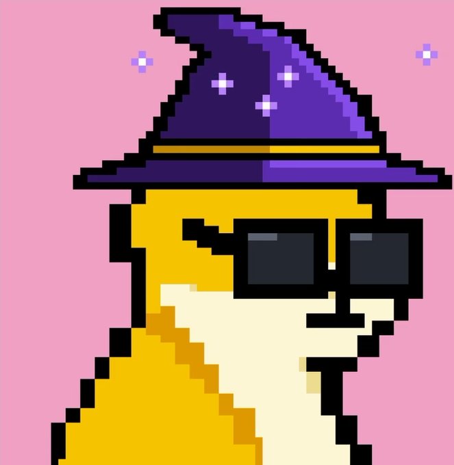 Pixel art portrait of a dog wearing black sunglasses and a purple wizard hat on a pink background with small sparkle effects.