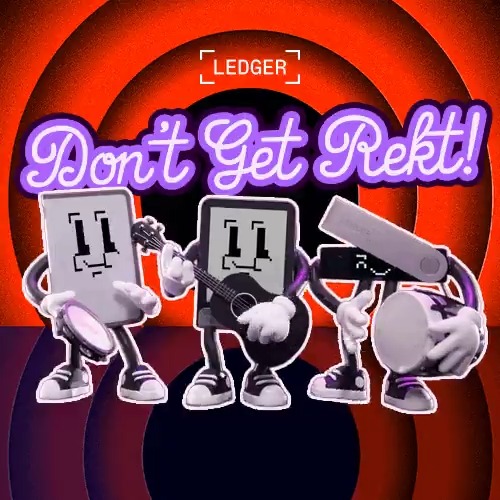 The image features a cartoon-like scene with three cartoon characters standing next to each other, all holding musical instruments such as guitars and drums. The background of the image has a red circle with purple text that reads "Don't get rekt!".