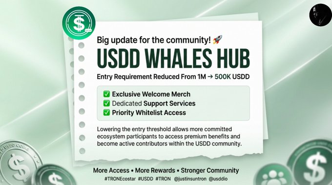 The image shows a green background with white text, which reads "Big update for the community! The USDD Whales Hub entry requirement has been reduced from 1M to 500K US dollar (or equivalent sUSDD value). Why it matters: Exclusive welcome merch Dedicated support services Priority whitelist access for future opportunities Lowering the". This message is related to a post about the entry requirements of the USDD Whales Hub, which has been updated with new information. The image also contains several coins scattered around it, adding an interesting visual element to the overall design.