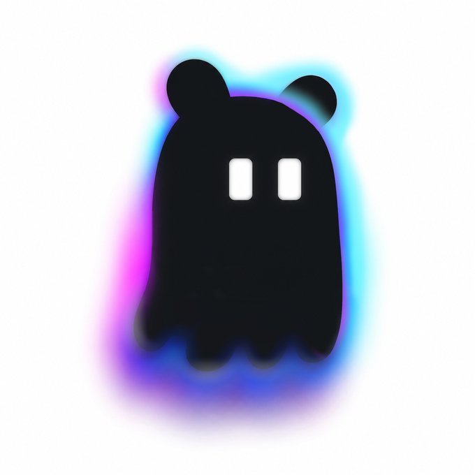 The image features a black, glowing, and fuzzy monster with two eyes that appears to be floating or hovering above the top left corner of the frame. The monster has a face-like shape and seems to be emitting a soft glow from its eyes. The background is white, which contrasts with the dark silhouette of the monster. There are no texts or other objects in the image, making it a simple and minimalistic scene.