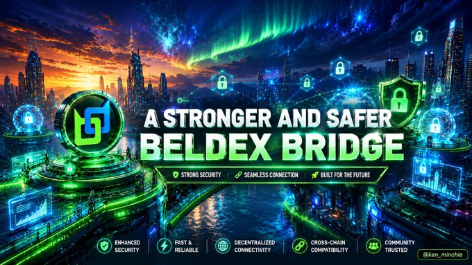 A promotional graphic for 'BELDEX BRIDGE' with text 'A STRONGER AND SAFER BELDEX BRIDGE' highlighting features like 'STRONG SECURITY', 'SEAMLESS CONNECTION', and 'FAST & RELIABLE', tagged with @ken_minchie.