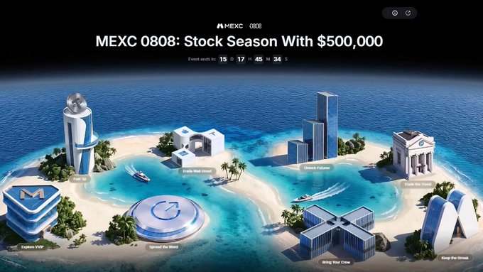A promotional webpage for 'MEXC 0808: Stock Season With $500,000' featuring a tropical island with crypto-themed buildings like 'Trade Wall Street', 'Unlock Futures', and 'Explore WXR'.
